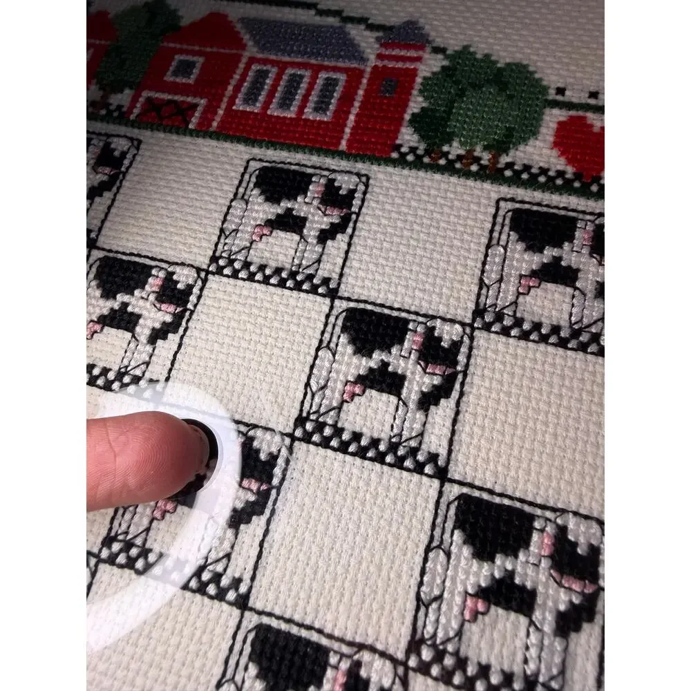 Framed Completed Cross Stitch Cow Checkerboard Red Barn Farmhouse Art